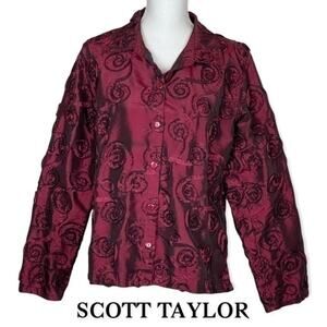 Scott Taylor Metallic Ruby Red Rosette Ribboned Party Event Jacket NWOT Size L